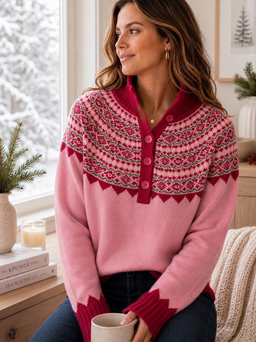 Westbound Fair Isle Sweater Pink Red Green Nordic Button Neck Pullover M